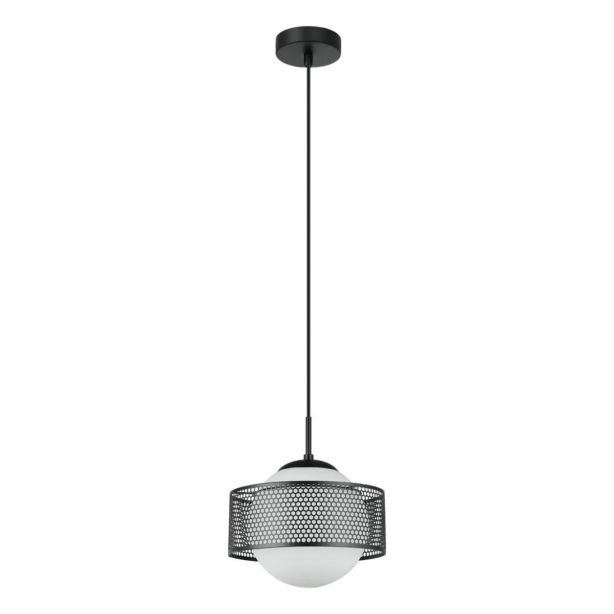 Lomica, elegancka lampa wisząca, czarna, z mlecznobiałym, szklanym, kulowym kloszem, PND-55456-1L-BK