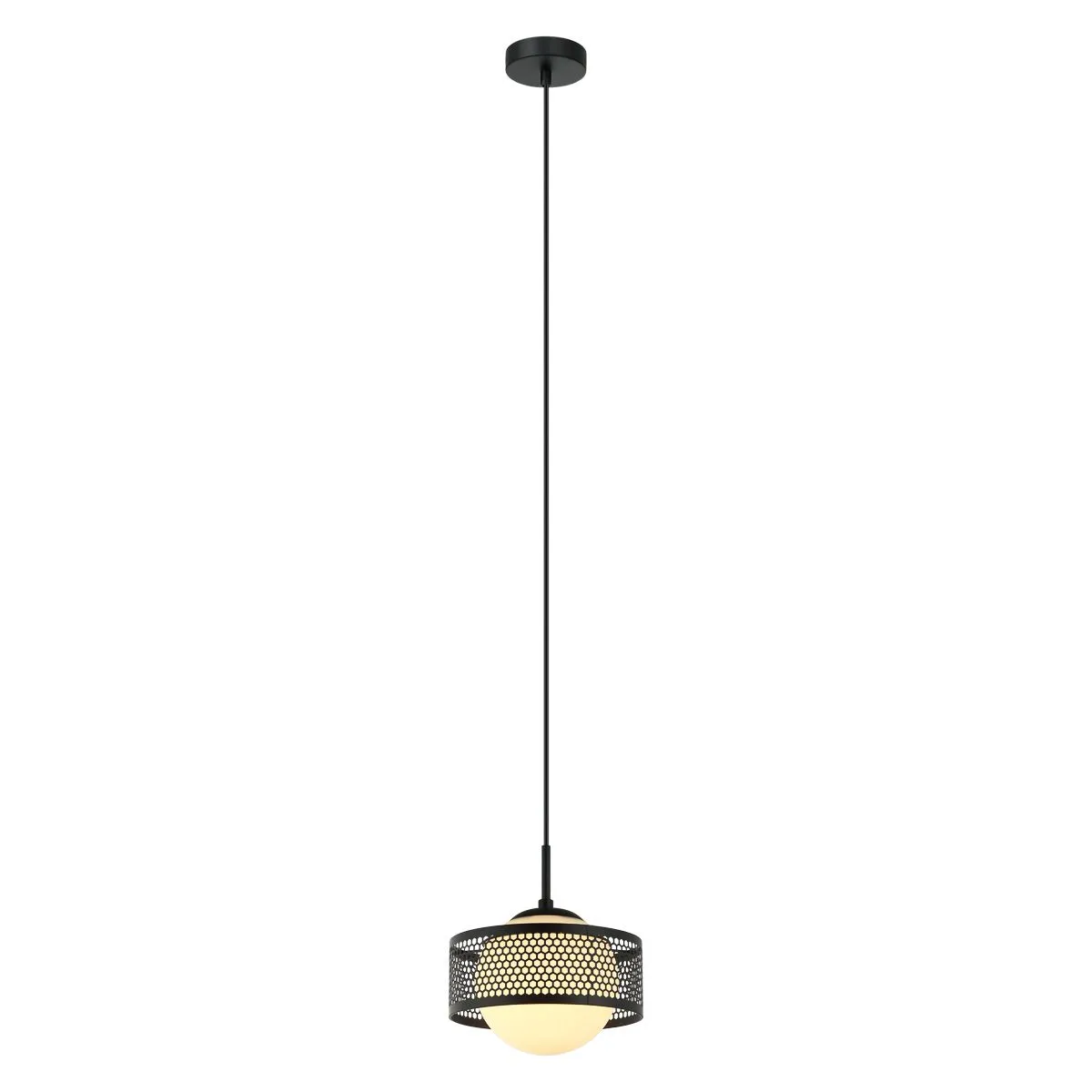 Lomica, czarna, elegancka lampa wisząca, z mlecznobiałym, kulowym, szklanym kloszem, PND-55456-1M-BK